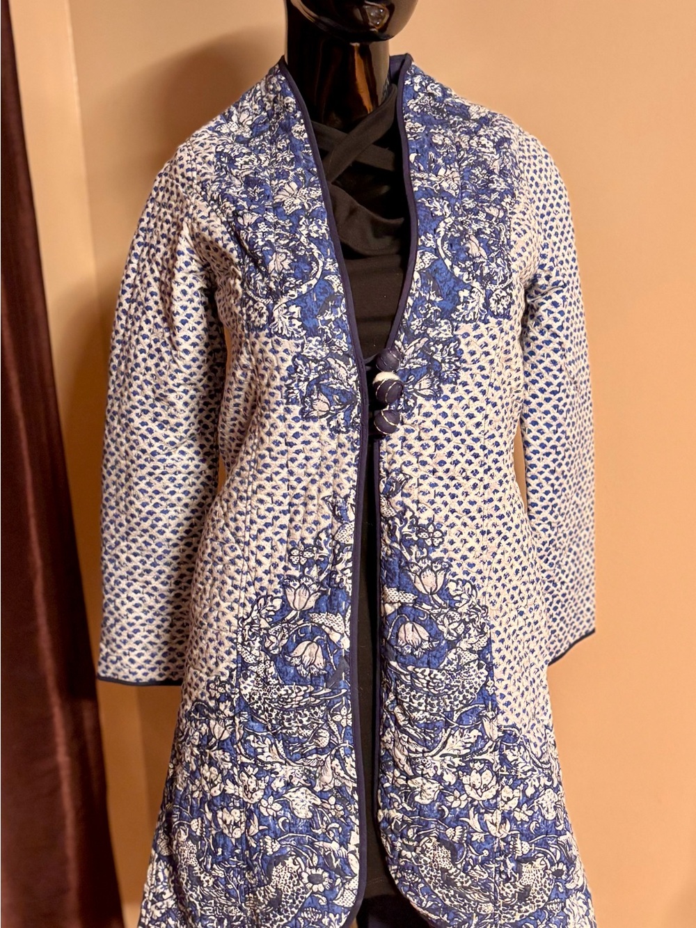 Quilted Blue & White Floral Coatigan - Women